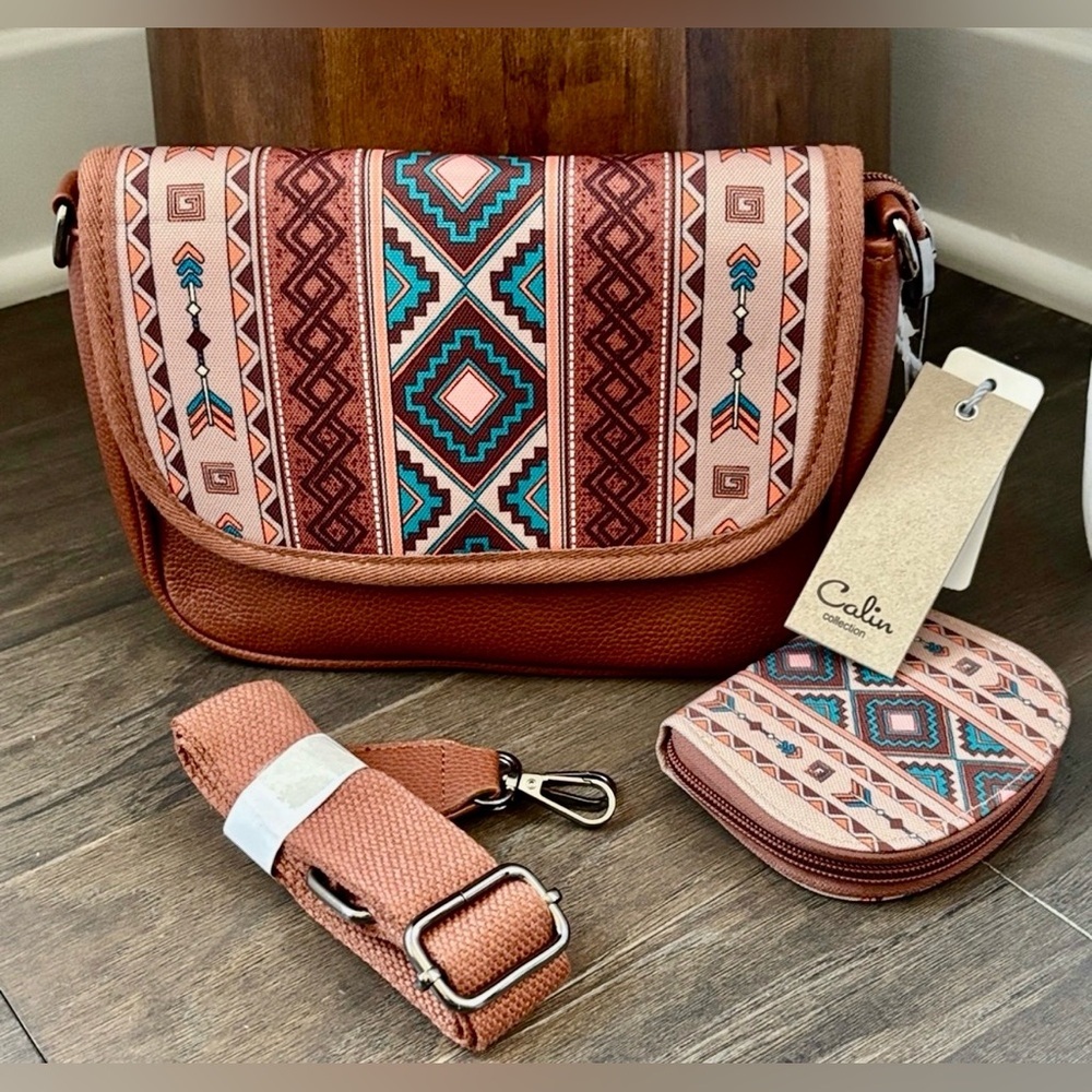 Calin Collection Aztec print,PU Leather,snap top,zip compartment, 11 card case